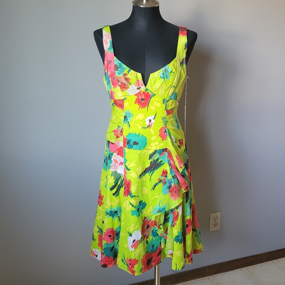 Nanette Lepore Bloominyg green floral Ruffle dress 2009 Vintage